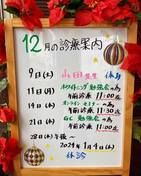 12/9　芙美先生お休み
12/11研修のため午前は11時まで
12/14研修のため午前は１１時半まで
12/21勉強会のため午前は１１時まで
12/28午後～1/4休診